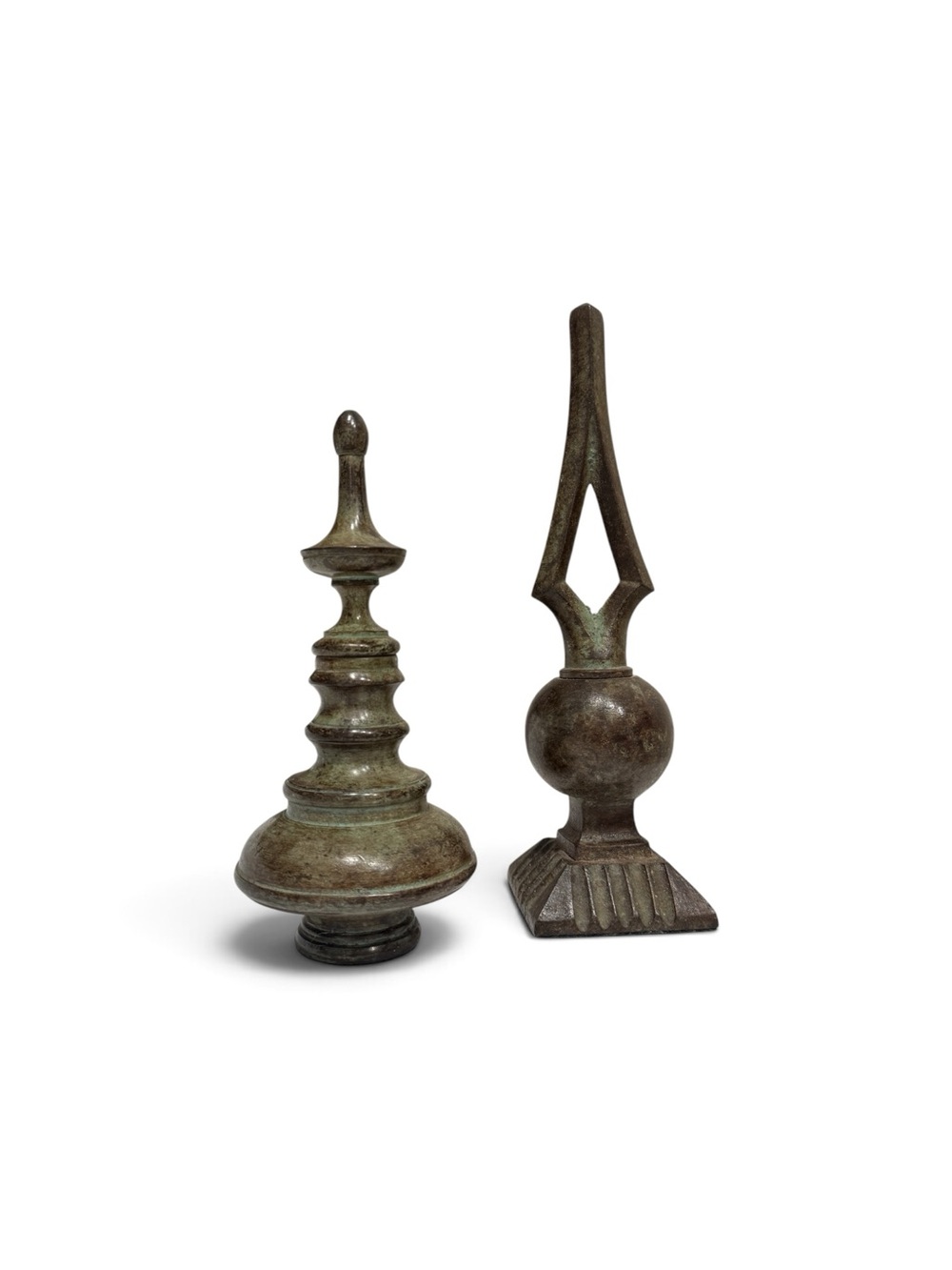 Vintage Bronze-Green Decorative Finial Pair Heavy Sculptural Mantel Accents - Picture 4 of 15